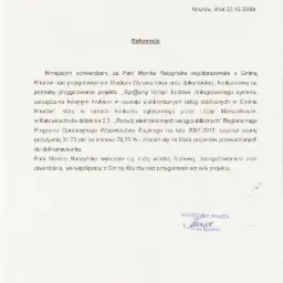 Skan dokumentu referencyjnego od Urzędu Miasta Knurów z dnia 22.10.2008r. potwierdzającego współpracę Pani Moniki Raczyńskiej przy przygotowaniu studium wykonalności i dokumentacji konkursowej...